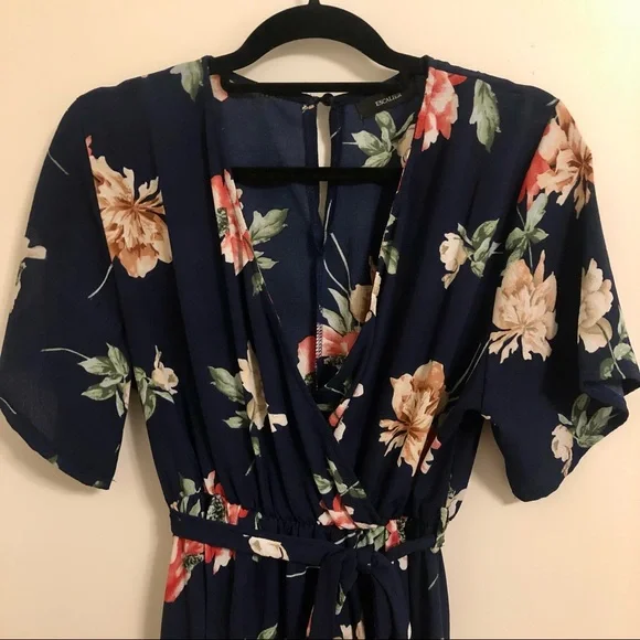 Navy Maxi Wrap Dress with Flowers and Sleeves - Picture 2 of 9